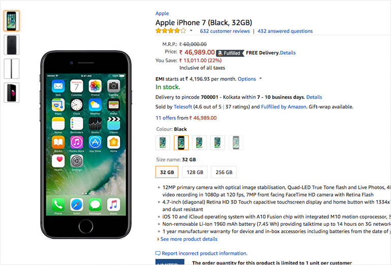 High quality product image Apple iPhone 7 (Black, 32 gb) amazon