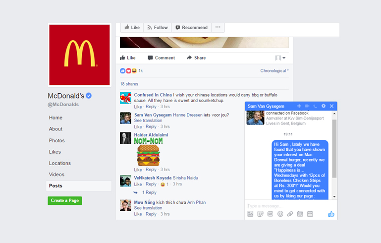 Direct Messaging to a fan from mcdonald's facebook page