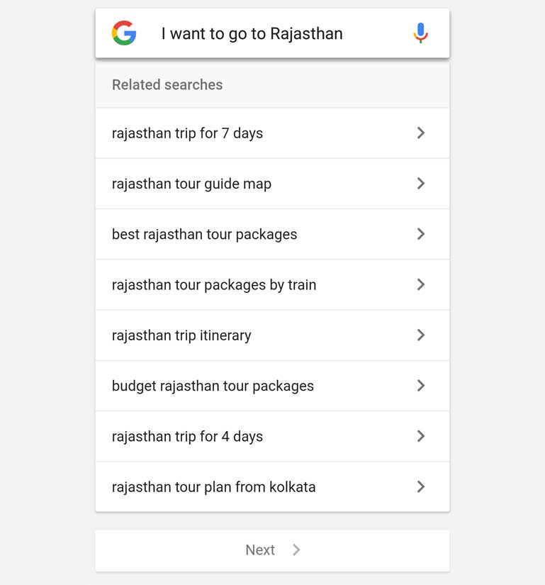 Google related search results for the voice query "I want to go Rajasthan"