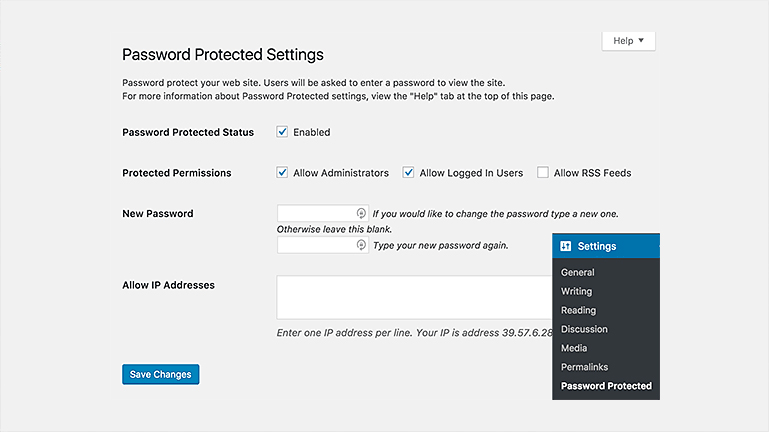 password protected settings in wordpress