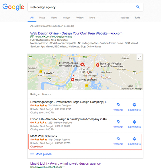 M&M websolution is ranking for the keyword web design agency on Google's 1st page